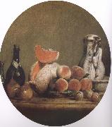 Cut melon and peach bottle still life etc, Jean Baptiste Simeon Chardin